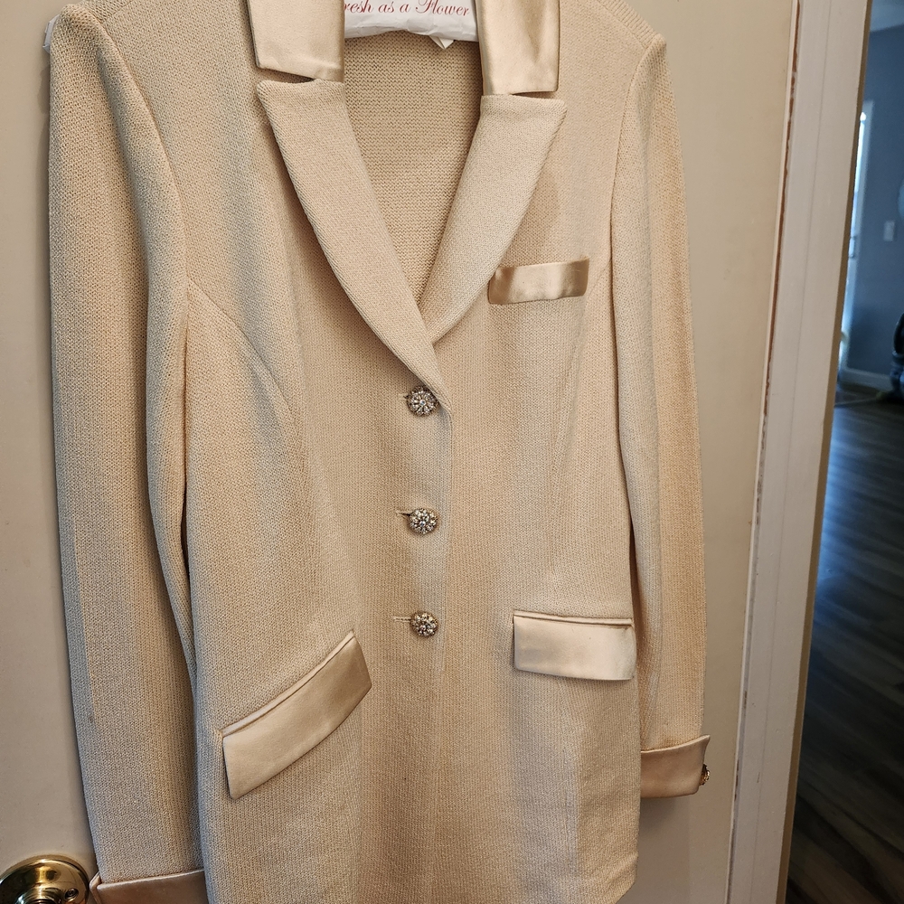 St. John Collection Cream Blazer and Skirt with Satin Trim